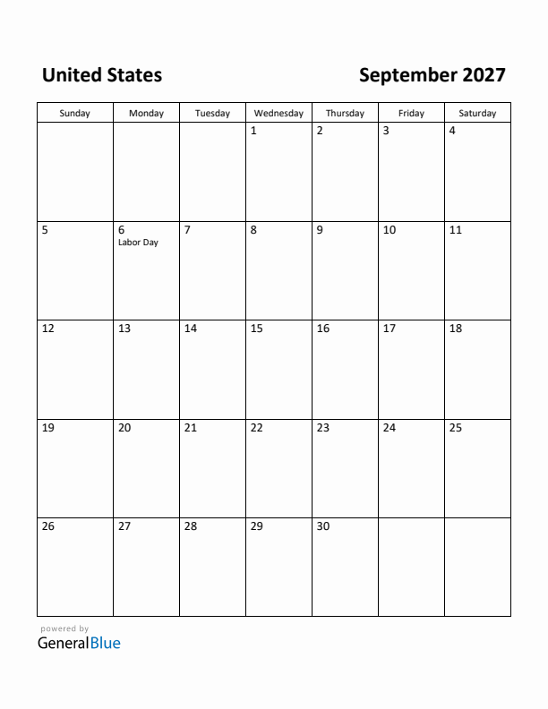 September 2027 Calendar with United States Holidays