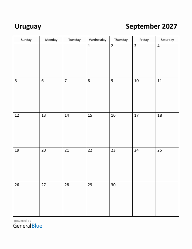 September 2027 Calendar with Uruguay Holidays