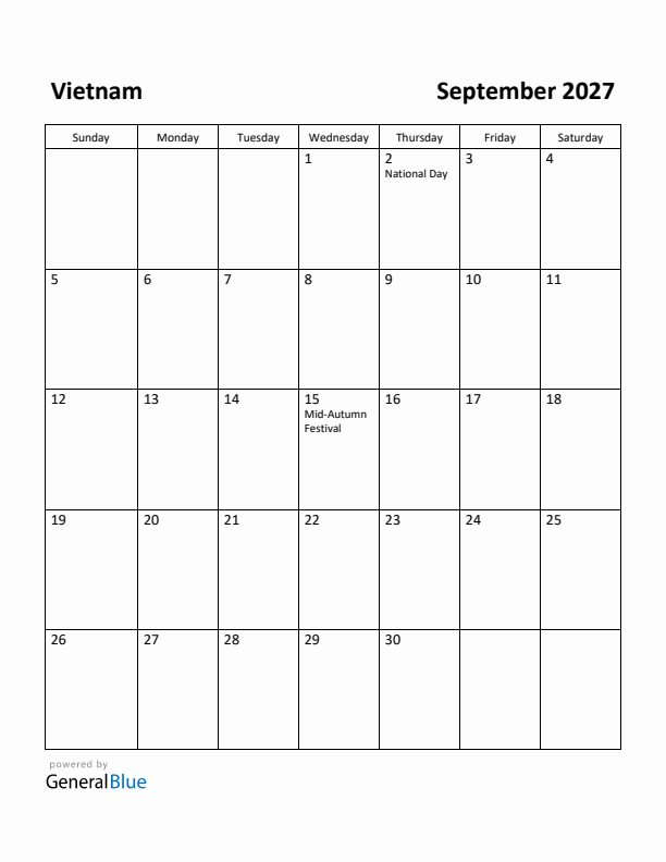 September 2027 Calendar with Vietnam Holidays