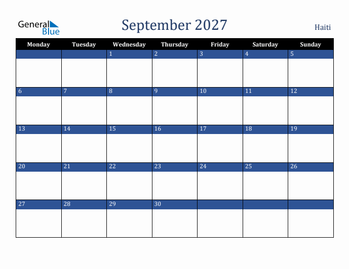 September 2027 Haiti Calendar (Monday Start)