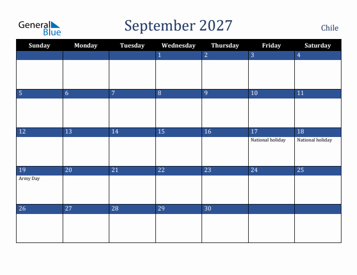 September 2027 Chile Calendar (Sunday Start)