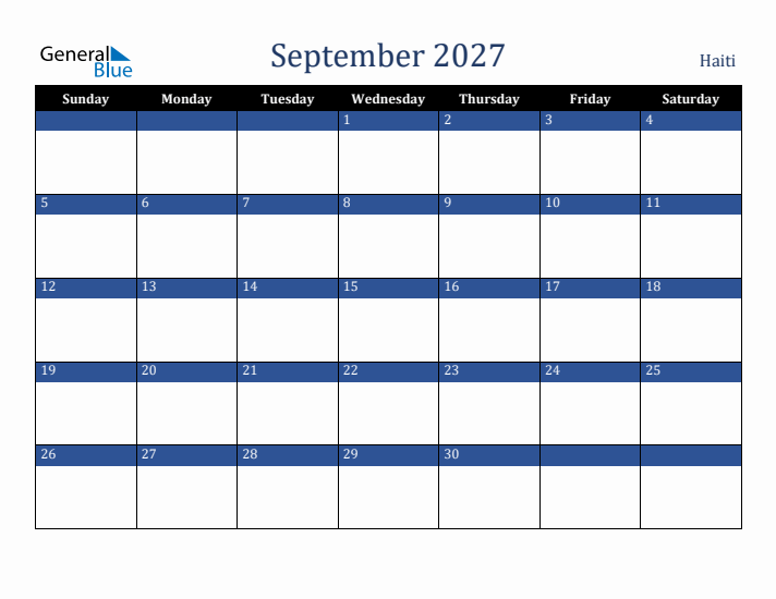 September 2027 Haiti Calendar (Sunday Start)