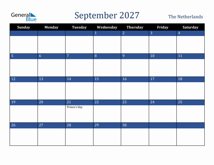 September 2027 The Netherlands Calendar (Sunday Start)