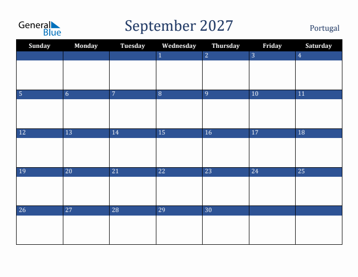 September 2027 Portugal Calendar (Sunday Start)