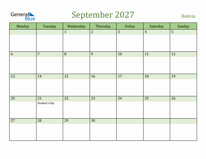 September 2027 Calendar with Bolivia Holidays