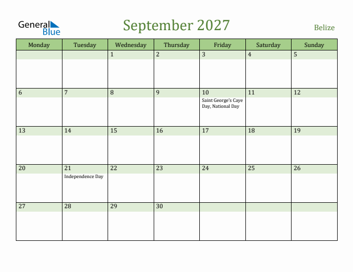 September 2027 Calendar with Belize Holidays