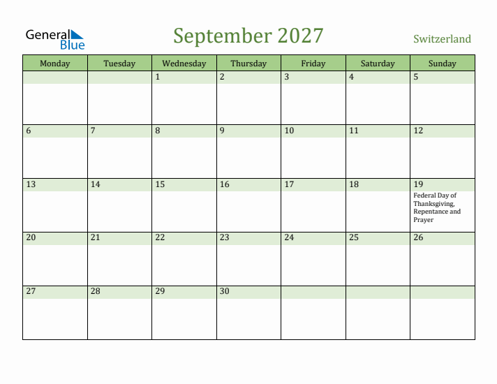 September 2027 Calendar with Switzerland Holidays