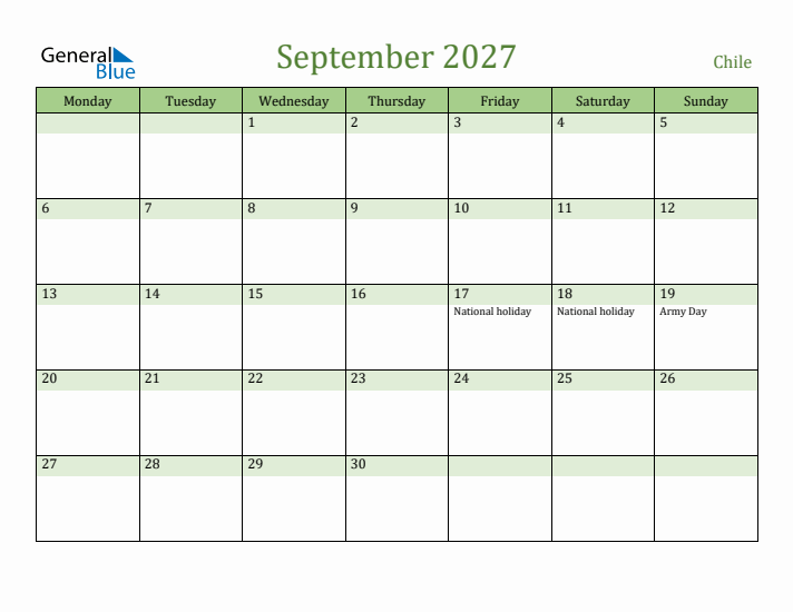 September 2027 Calendar with Chile Holidays