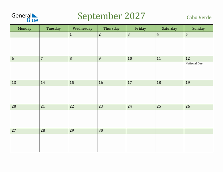 September 2027 Calendar with Cabo Verde Holidays