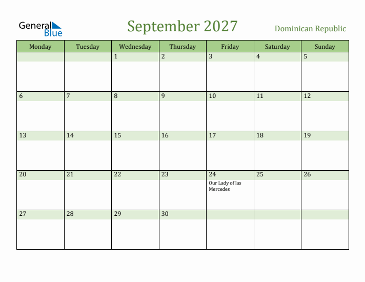 September 2027 Calendar with Dominican Republic Holidays