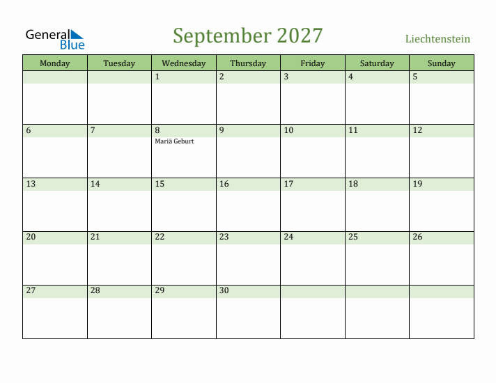 September 2027 Calendar with Liechtenstein Holidays