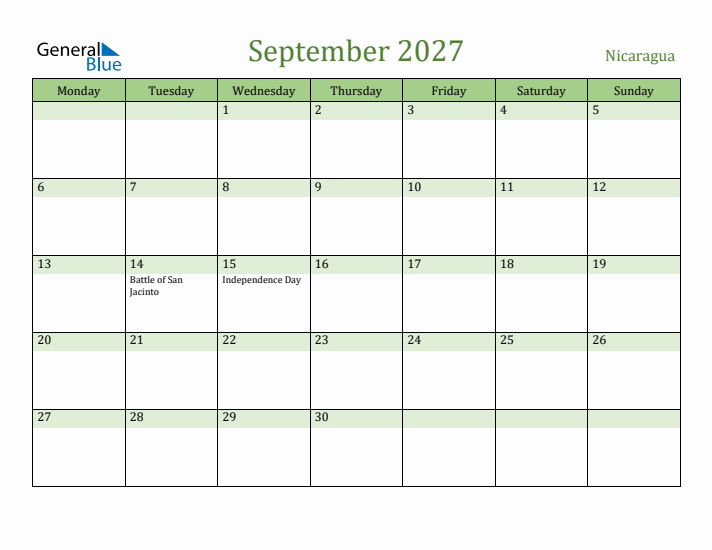 September 2027 Calendar with Nicaragua Holidays