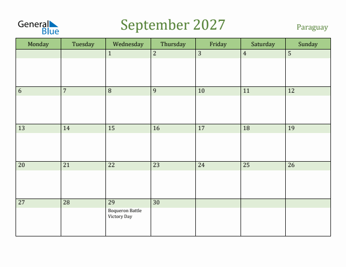 September 2027 Calendar with Paraguay Holidays