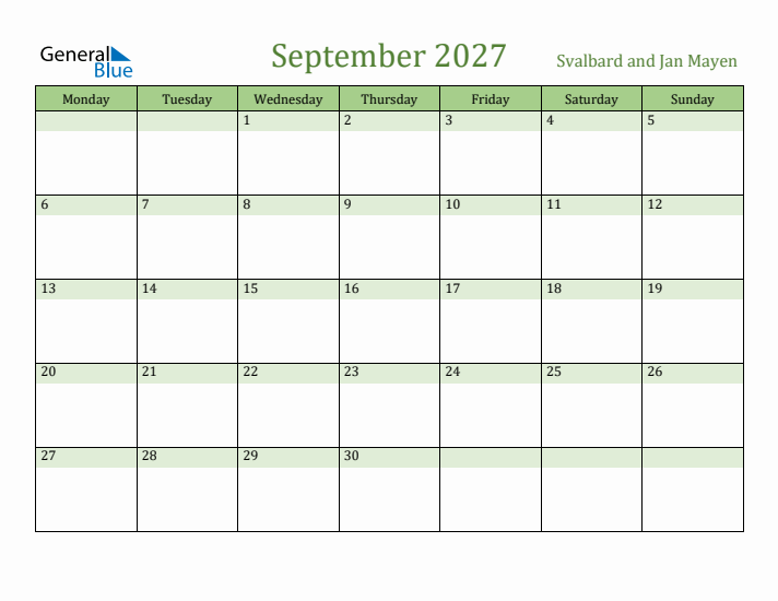 September 2027 Calendar with Svalbard and Jan Mayen Holidays