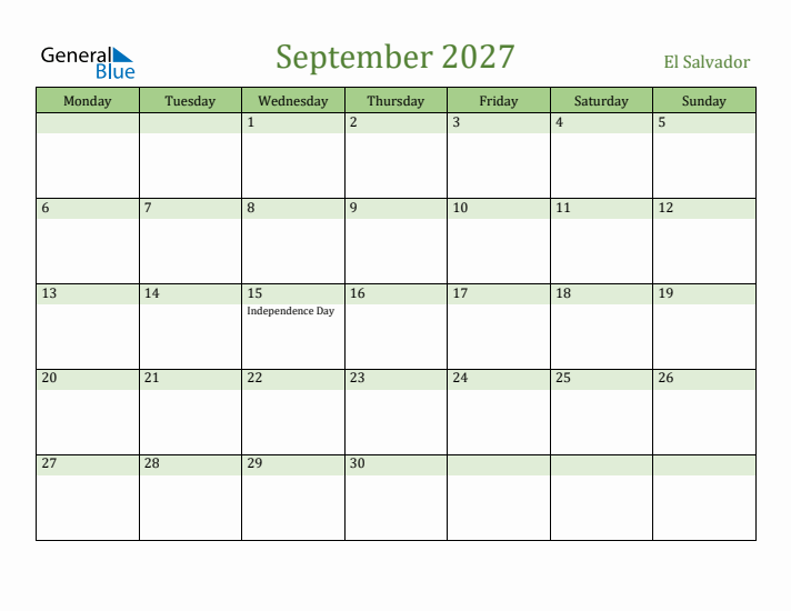 September 2027 Calendar with El Salvador Holidays