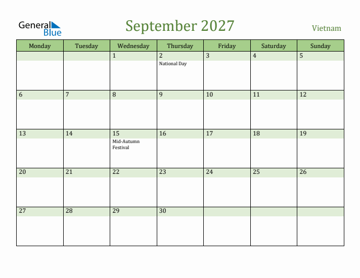 September 2027 Calendar with Vietnam Holidays