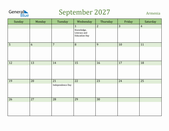 September 2027 Calendar with Armenia Holidays