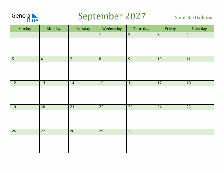 September 2027 Calendar with Saint Barthelemy Holidays