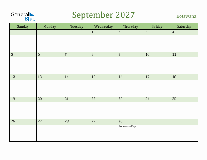 September 2027 Calendar with Botswana Holidays