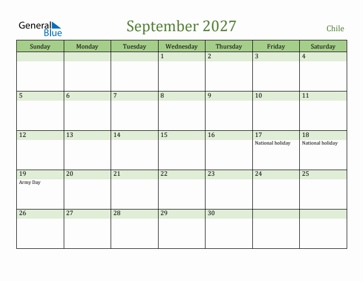 September 2027 Calendar with Chile Holidays