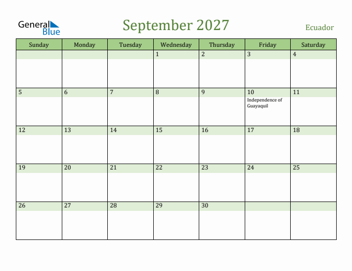 September 2027 Calendar with Ecuador Holidays