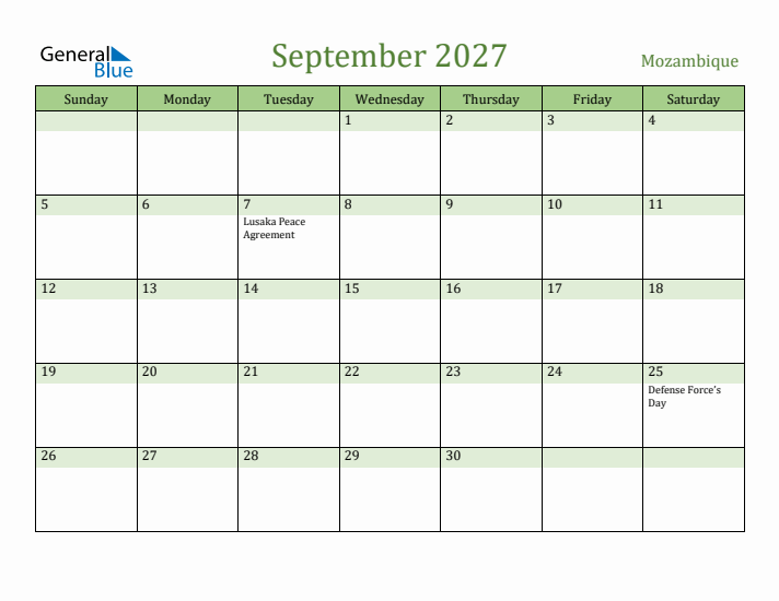 September 2027 Calendar with Mozambique Holidays