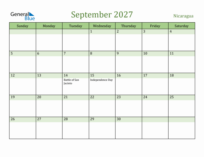 September 2027 Calendar with Nicaragua Holidays