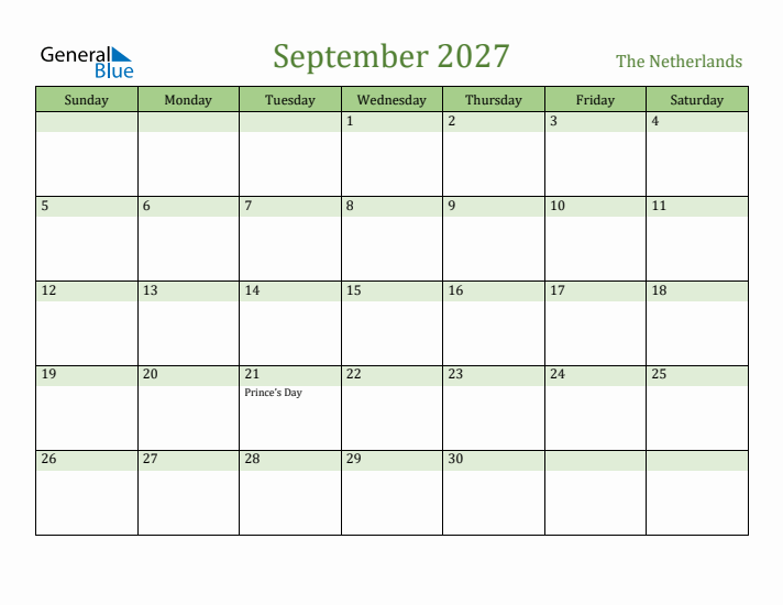 September 2027 Calendar with The Netherlands Holidays