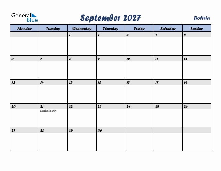 September 2027 Calendar with Holidays in Bolivia