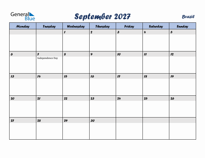 September 2027 Calendar with Holidays in Brazil