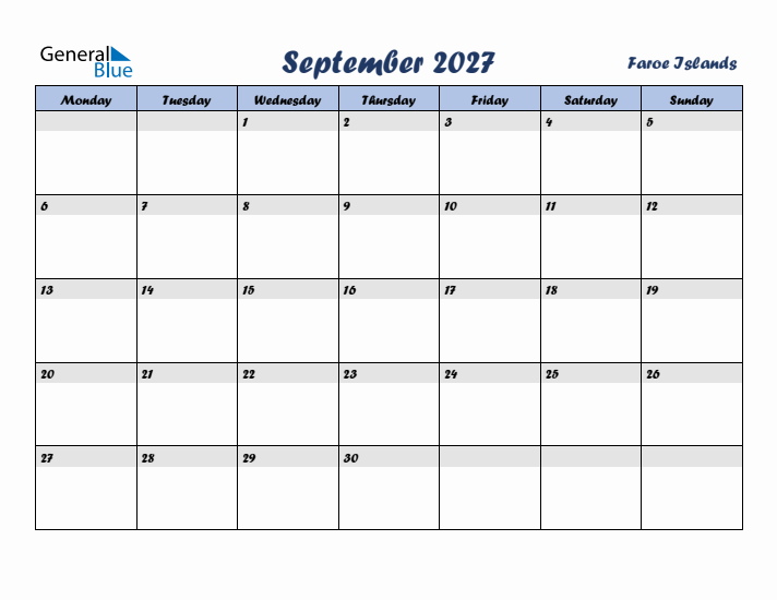 September 2027 Calendar with Holidays in Faroe Islands