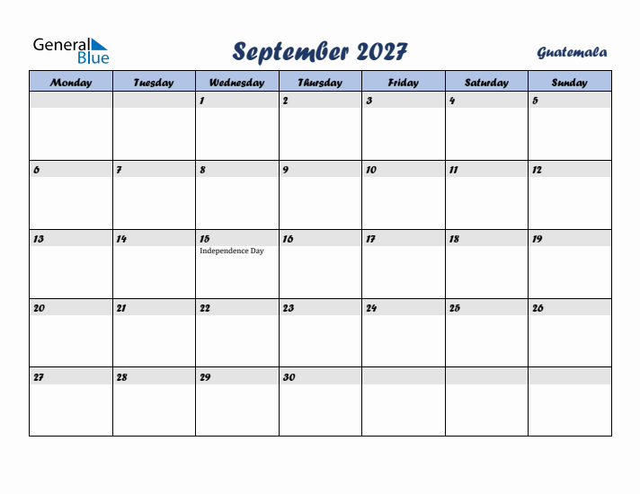 September 2027 Calendar with Holidays in Guatemala