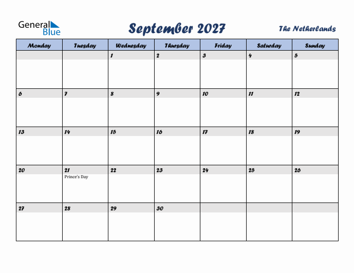 September 2027 Calendar with Holidays in The Netherlands