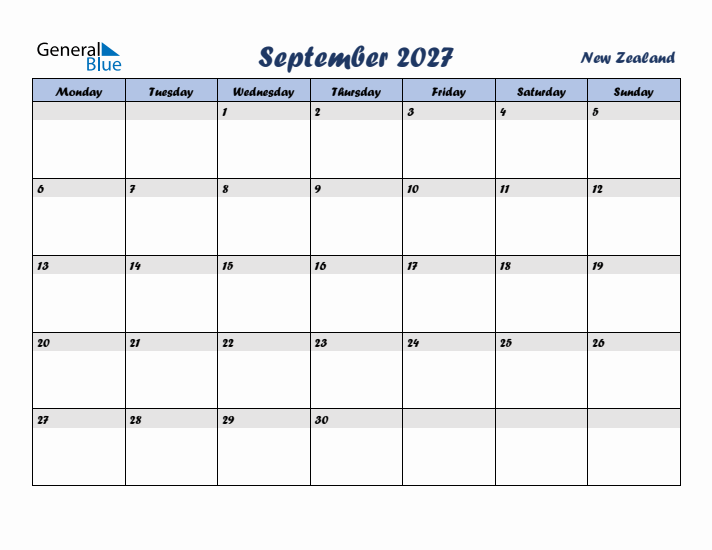 September 2027 Calendar with Holidays in New Zealand