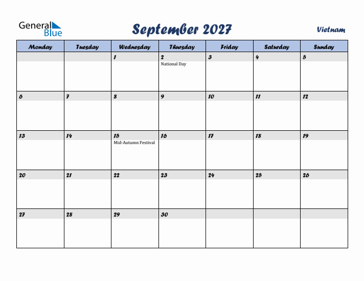 September 2027 Calendar with Holidays in Vietnam