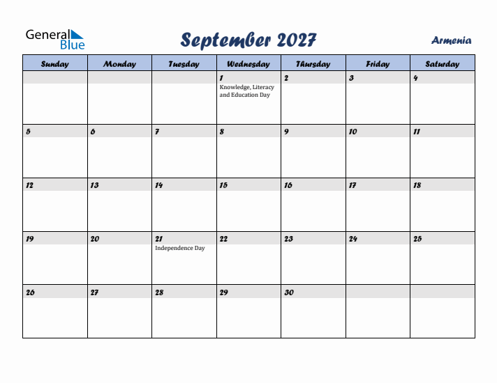 September 2027 Calendar with Holidays in Armenia