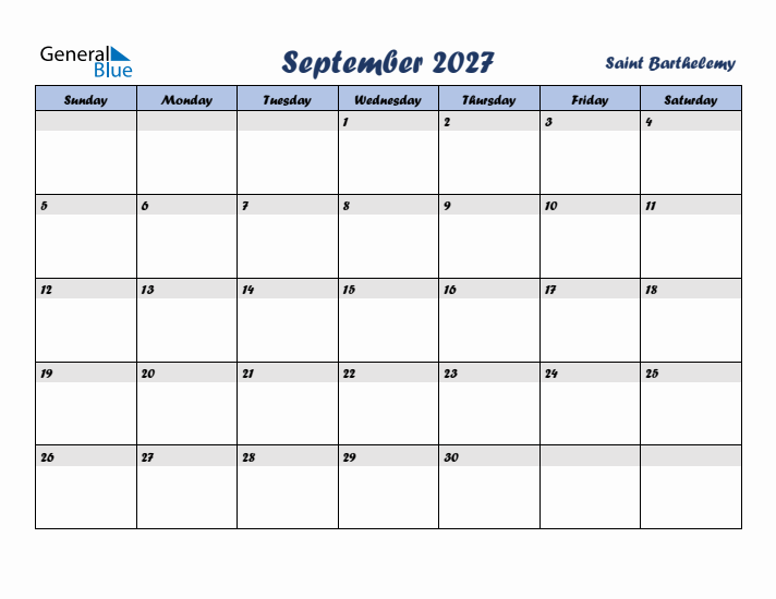 September 2027 Calendar with Holidays in Saint Barthelemy