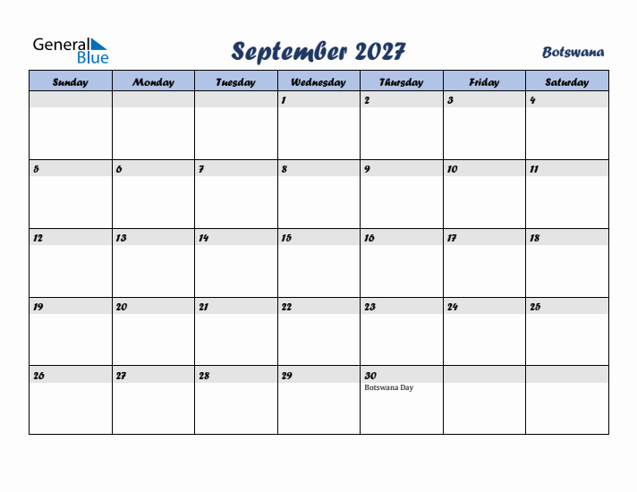 September 2027 Calendar with Holidays in Botswana