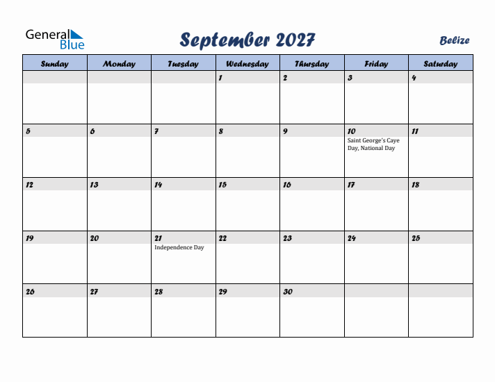 September 2027 Calendar with Holidays in Belize