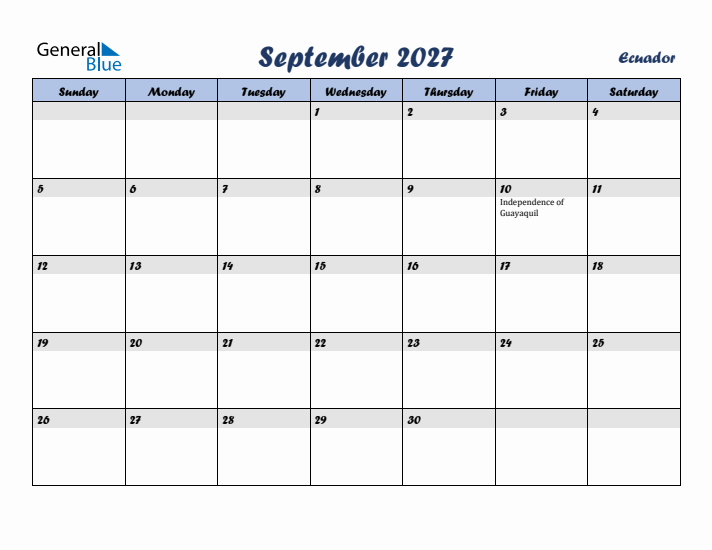 September 2027 Calendar with Holidays in Ecuador