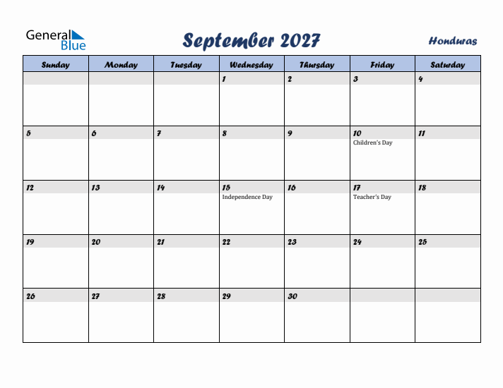 September 2027 Calendar with Holidays in Honduras