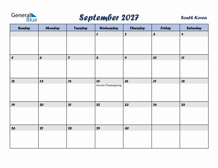 September 2027 Calendar with Holidays in South Korea