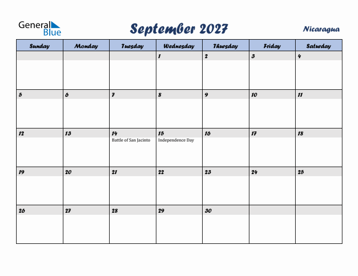 September 2027 Calendar with Holidays in Nicaragua