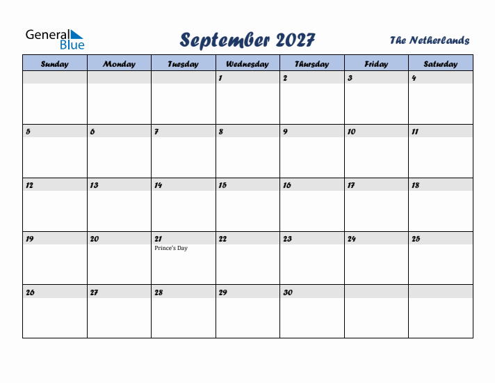 September 2027 Calendar with Holidays in The Netherlands