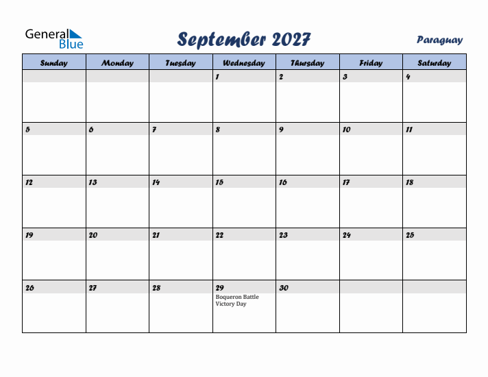 September 2027 Calendar with Holidays in Paraguay