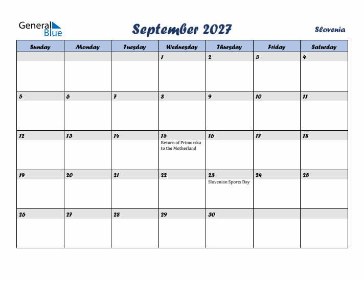 September 2027 Calendar with Holidays in Slovenia