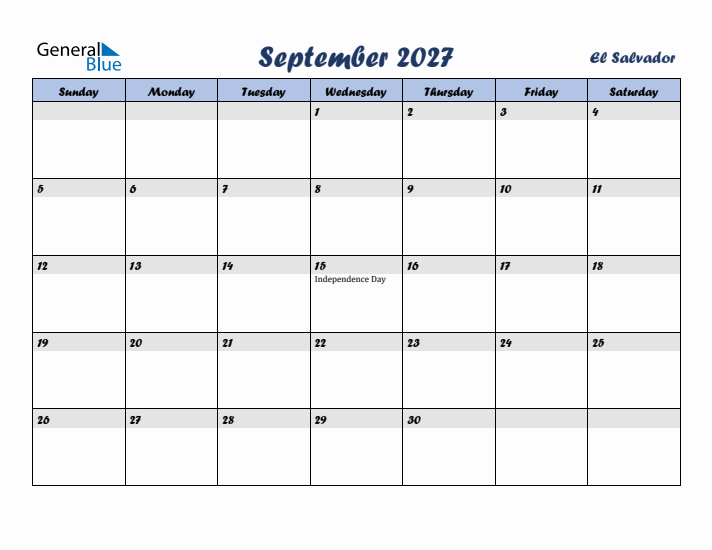 September 2027 Calendar with Holidays in El Salvador