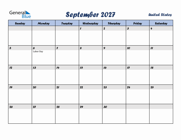 September 2027 Calendar with Holidays in United States