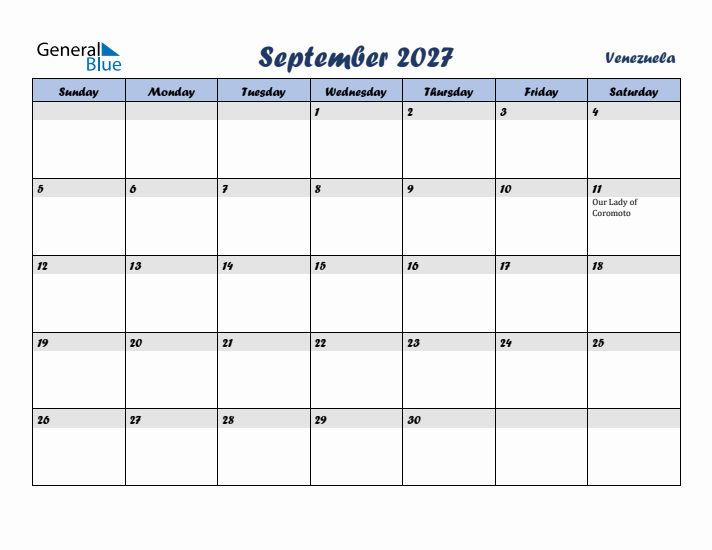 September 2027 Calendar with Holidays in Venezuela