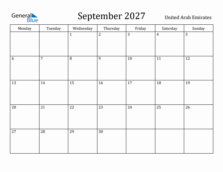 September 2027 Calendar United Arab Emirates